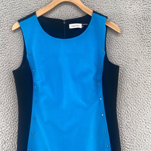 Calvin Klein Dress Womens 6 Blue Colorblock Sheath Rivet Studded Career Office - Picture 2 of 10